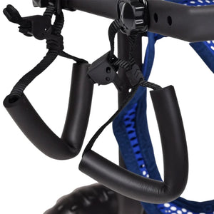 Close-up of a black wheeled mobility scooter handlebar attachment with padded grips and a blue mesh seat visible in the background at Pet Servo