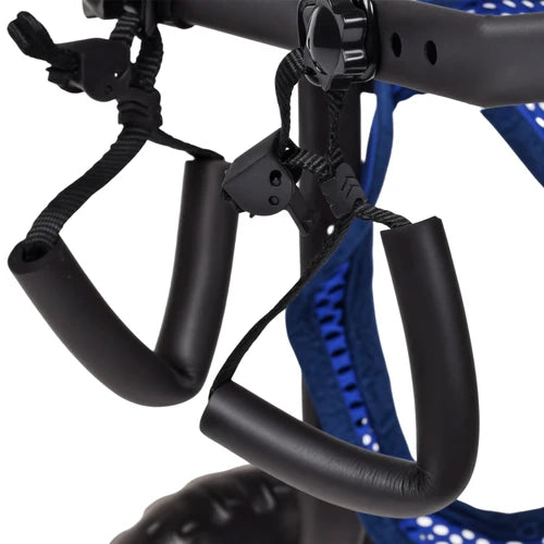 Close-up of a black wheeled mobility scooter handlebar attachment with padded grips and a blue mesh seat visible in the background at Pet Servo