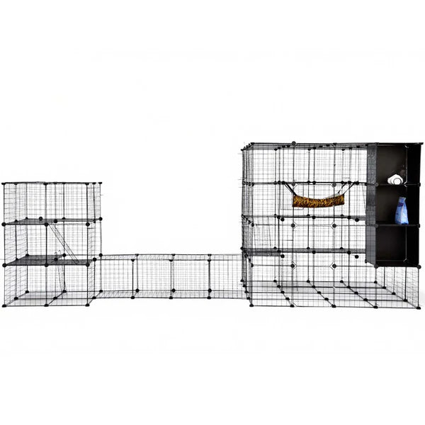 Pet playpen with multiple levels and shelves on a white background at Pet Servo