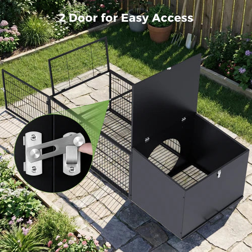 Black outdoor compost bin with two doors on a patio with garden background at Pet Servo