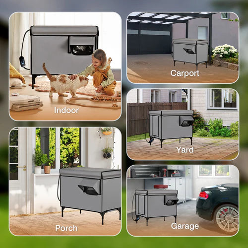Collage of a portable storage unit used in various settings including indoor, carport, yard, porch, and garage at Pet Servo