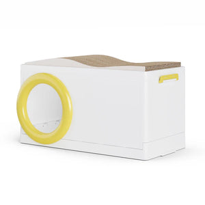 White pet bed with a yellow circular entrance on a white background at Pet Servo