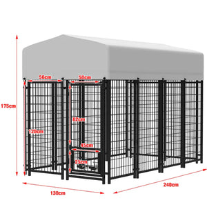 Dog kennel with dimensions indicated on a white background at Pet Servo