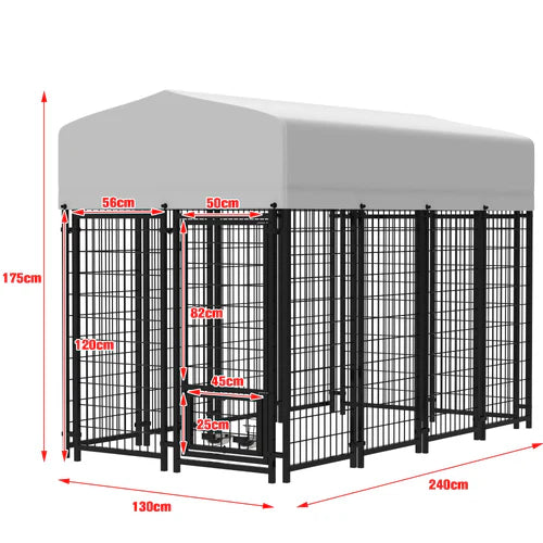 Dog kennel with dimensions indicated on a white background at Pet Servo