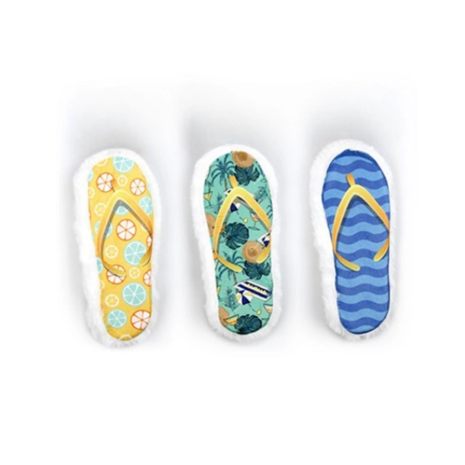 Three novelty flip-flop-shaped bathmats with white fuzzy edges, featuring tropical and citrus patterns in yellow, green, and blue at Pet Servo