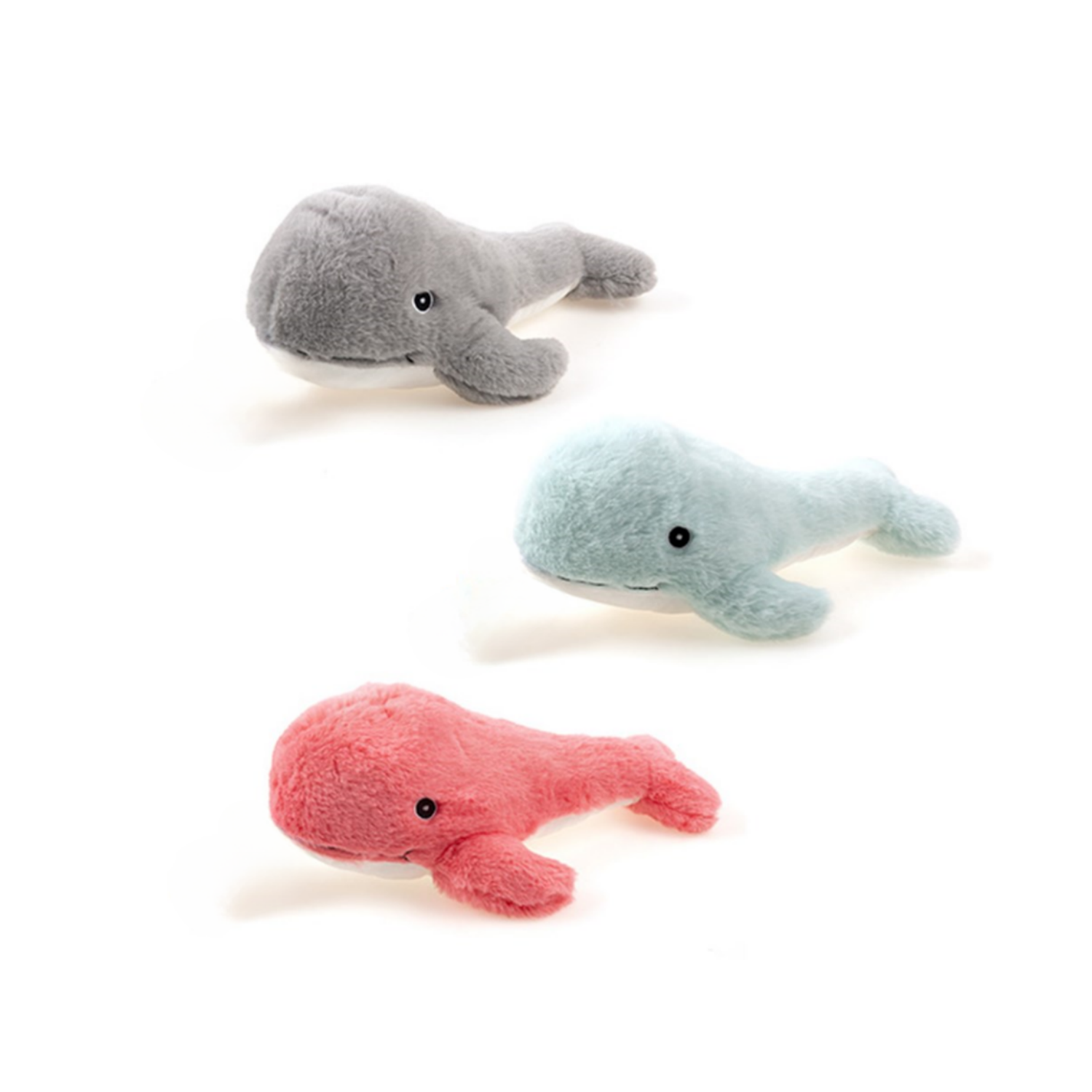 Three plush whale toys in gray, blue, and pink on a white background at Pet Servo