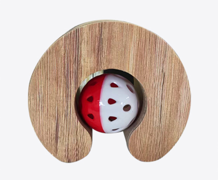 Wooden toy with a red and white ball inside on a white background at Pet Servo