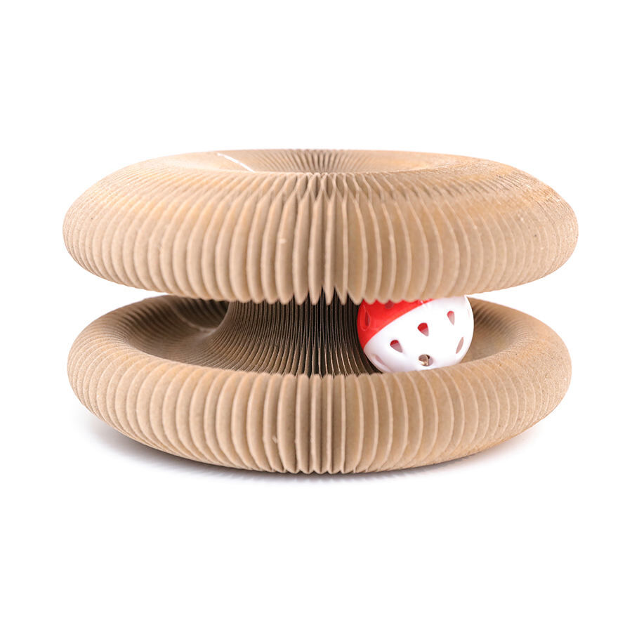 Cardboard cat toy with a red and white ball inside on a white background at Pet Servo