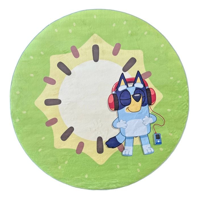 Circular green mat with a cartoon character wearing headphones and sunglasses on a white background at Pet Servo