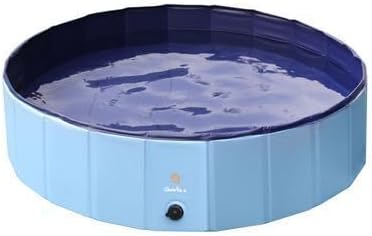 Blue inflatable pet pool with a pump on a white background at Pet Servo