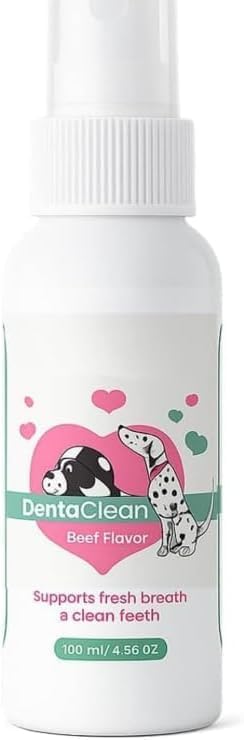Dental cleaning product for pets with a white bottle and pink label featuring cartoon dogs at Pet Servo
