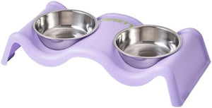 A purple elevated double pet feeder and water bowl stand with stainless steel bowls, shown on a plain white background at Pet Servo