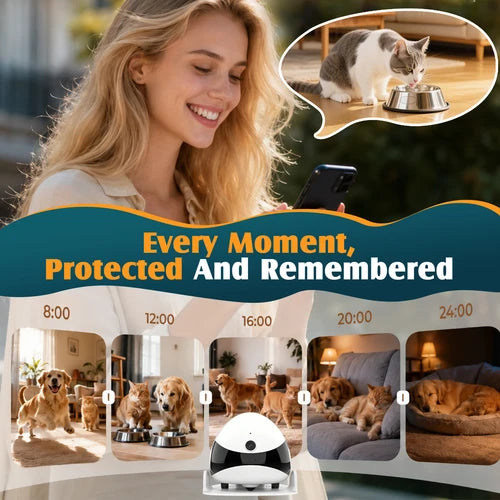 Promotional graphic for a pet security camera showing a woman looking at her phone, a cat eating from a bowl in a speech bubble, and a timeline of dogs in home settings at different times of the day. The text reads 'Every Moment, Protected And Remembered' above a small view of the white and black camera at Pet Servo