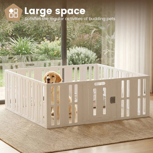 Dog inside a large white pet playpen with a view of a garden outside at Pet Servo