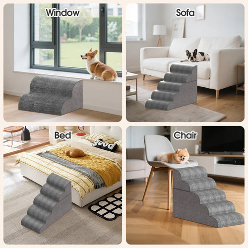 Collage of a pet stair set used in various home settings including a window sill, sofa, bed, and chair at Pet Servo