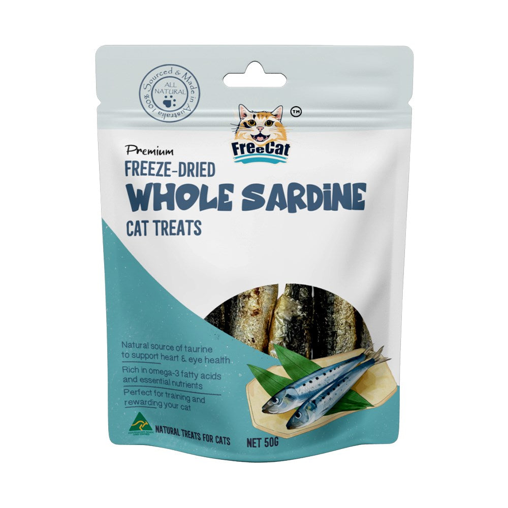 Package of FreeCat freeze-dried whole sardine cat treats on a white background at Pet Servo