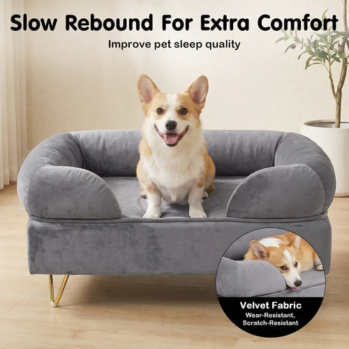 A gray plush pet bed with a corgi sitting on it in a softly lit room. Text at the top reads 'Slow Rebound For Extra Comfort' and the bed is shown with a circular inset showing a dog resting inside and a note about velvet fabric at Pet Servo