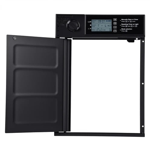 Black wall-mounted oven with digital control panel on a white background at Pet Servo