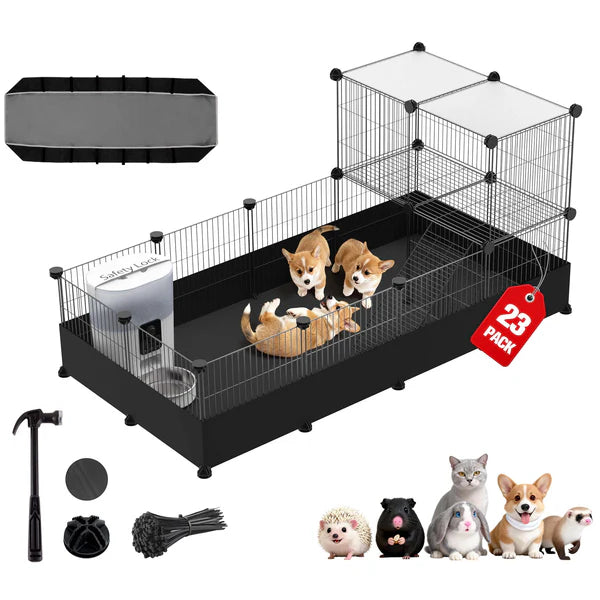 Pet cage with two cats, accessories, and small animal figures on a white background