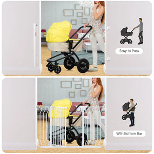 Collage of a baby stroller being used with a gate, showing ease of use features at Pet Servo