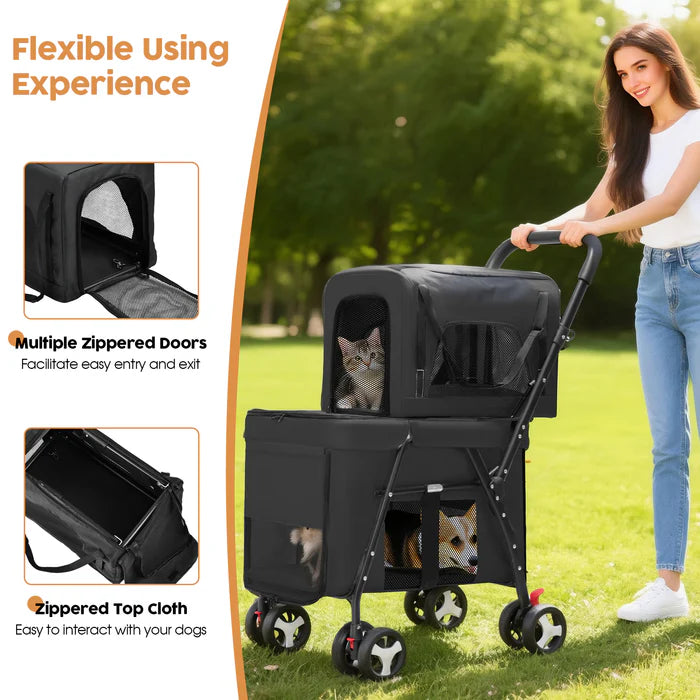 Woman pushing a pet stroller with cats inside, set against a green outdoor background.