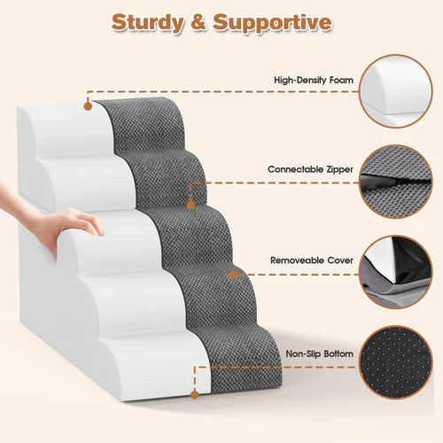 Gray pet stairs with features highlighted on a beige background at Pet Servo