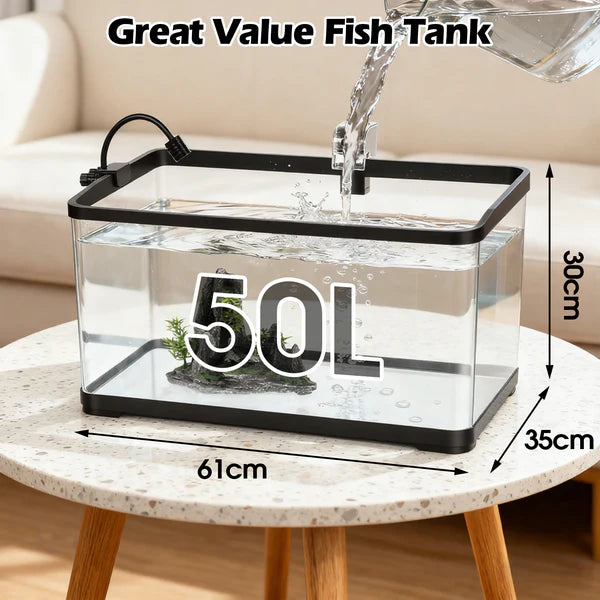 50L fish tank being filled with water on a table, with dimensions indicated.