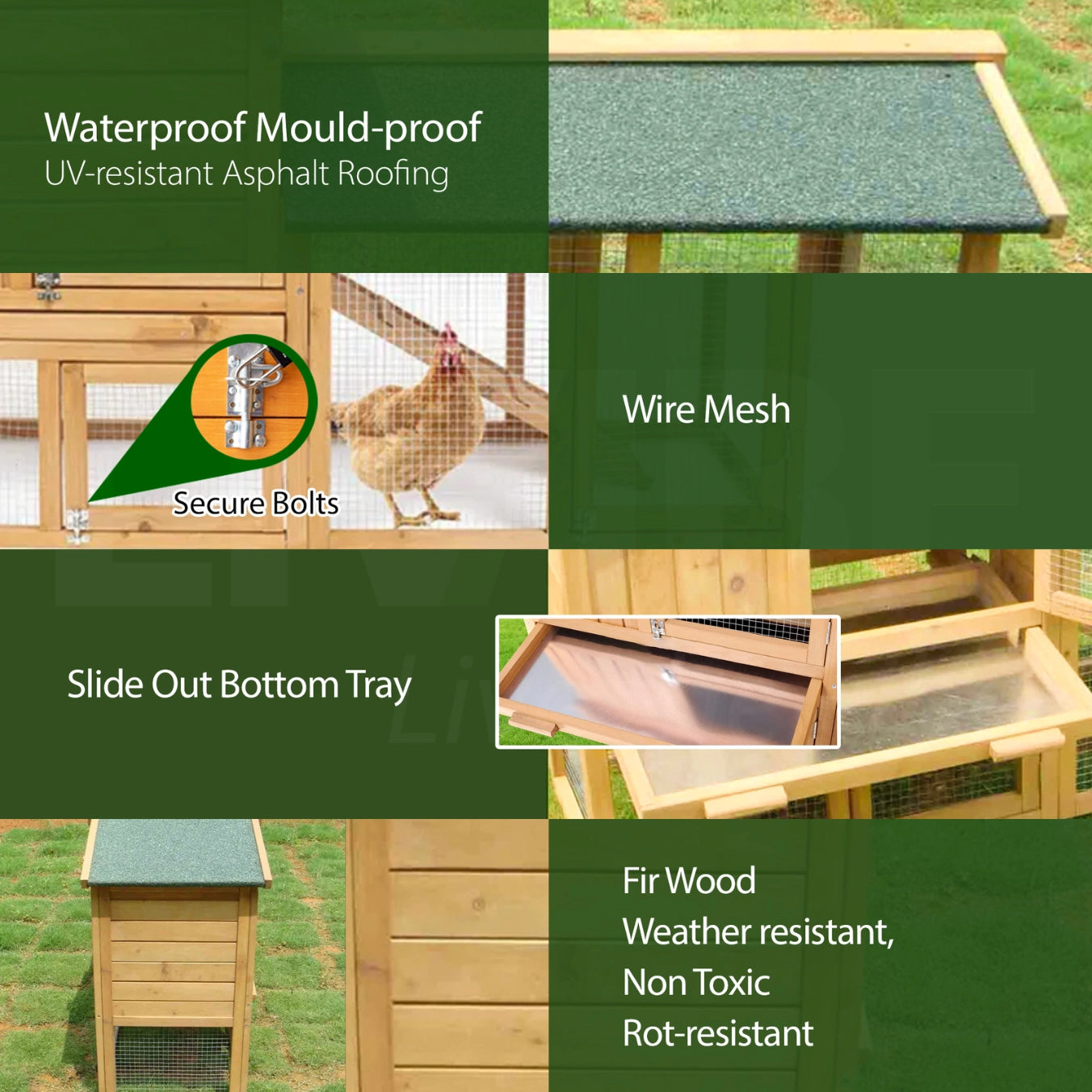 A promotional collage for a wooden chicken coop with text callouts highlighting features: waterproof mold-proof UV-resistant asphalt roofing, wire mesh, secure bolts, slide out bottom tray, and fire wood weather resistant nontoxic rot-resistant properties. The collage includes product photos of the coop outdoors, close-ups of the roof, a chicken near wire mesh, and inset detail images at Pet Servo