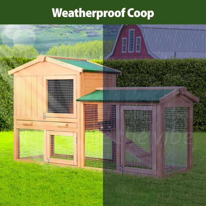 A split-screen outdoor photo showing a wooden chicken coop in a grassy yard. The left half shows the coop in natural light, and the right half shows it in shadow to demonstrate weatherproofing at Pet Servo