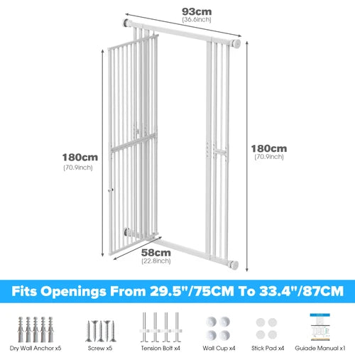 White metal gate barrier with dimension labels showing 93cm top, 180cm height, and 58cm width, plus a blue text band stating it fits openings from 29.5"/75cm to 33 at PET SERVO