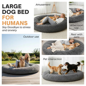 Collage of a large dog bed being used by humans and dogs in various settings at Pet Servo