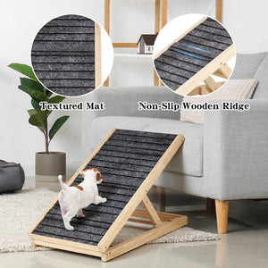 Wooden pet ramp with textured mat and non-slip wooden ridge, featuring a dog on the ramp at Pet Servo