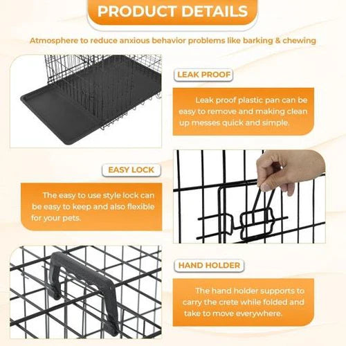 Pet crate with features highlighted on a beige background