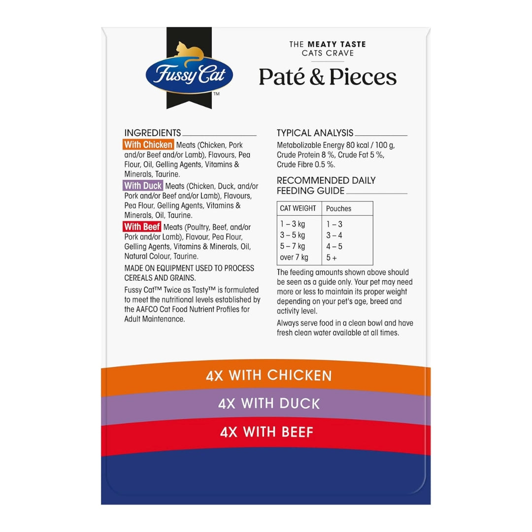 Fussy Cat páté & pieces packaging with ingredients and analysis details.