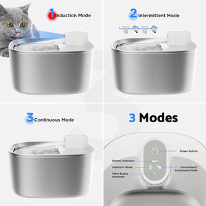 Cat water fountain with different modes displayed on a white background at Pet Servo