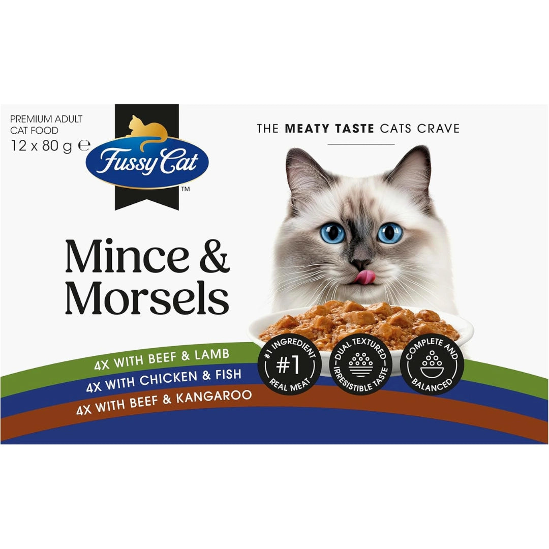 Fussy Cat Mince & Morsels cat food packaging with a cat on a white background