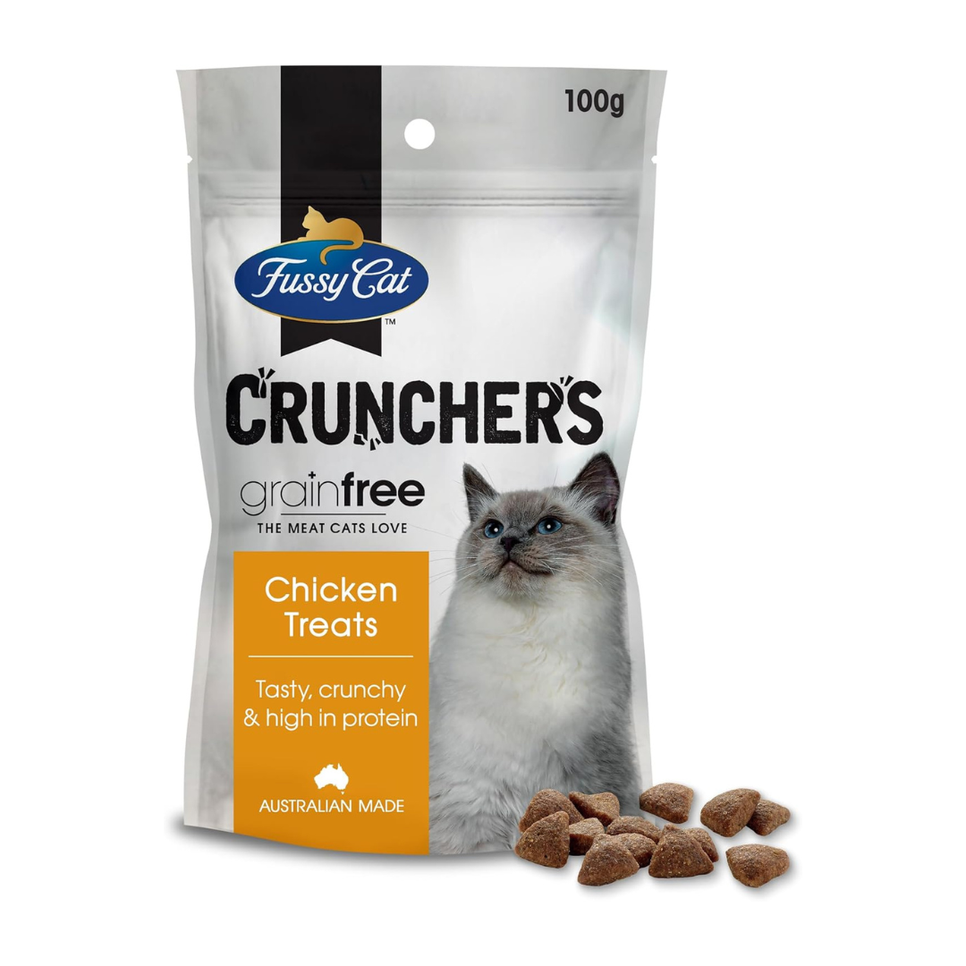 Fussy Cat Crunchers grain-free chicken treats packaging with a cat on the label.