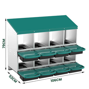 Storage unit with green lids and black bases, showing dimensions on a white background