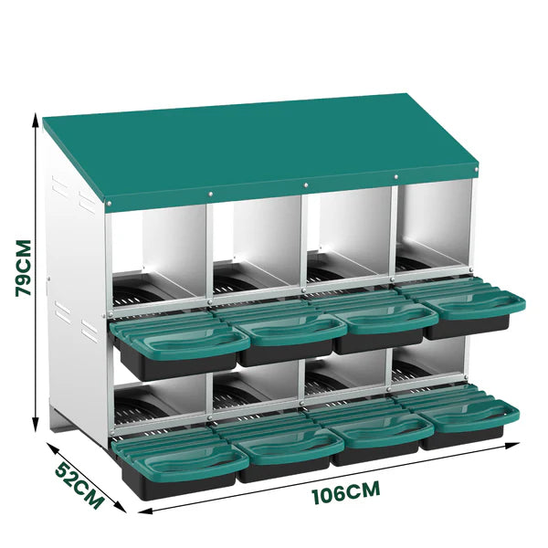 Storage unit with green lids and black bases, showing dimensions on a white background