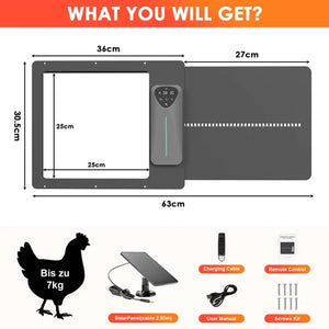 Product information graphic for an automatic chicken coop with dimensions shown for the coop body, door, and solar panel. The image includes an orange header reading 'WHAT YOU WILL GET?' and a bottom section showing included accessories: a solar panel, charging cable, remote control, user manual, screws, and a chicken silhouette with weight indication up to 7kg at Pet Servo