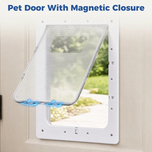 White pet door frame with a clear hinged flap shown partially open, with blue graphic lines indicating magnetic closure. Text at the top reads 'Pet Door With Magnetic Closure at Pet Servo