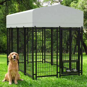 Dog sitting in front of a large black metal dog pen with a white top in a park setting at Pet Servo