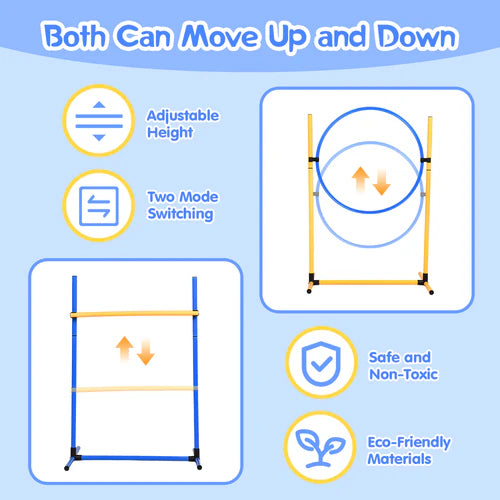 Product features with adjustable height and two mode switching on a blue background at Pet Servo