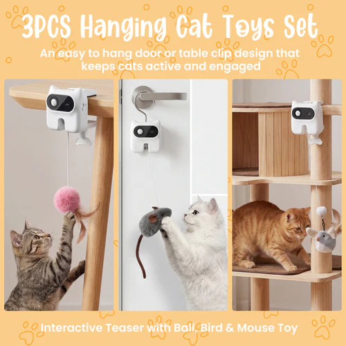 3PCS Hanging Cat Toys Set with cats interacting with toys on a shelf and door at Pet Servo