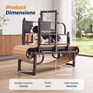 A dog exercise wheel shown in a real indoor room with a dog standing on it, overlaid with dimension labels (Height:54CM, Width:54CM, Length:160CM) and feature callouts including weight capacity 180LBS, low noise, and high-quality materials at Pet Servo