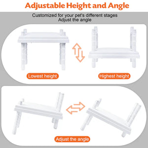 Diagram showing adjustable height and angle features on a gray background at Pet Servo