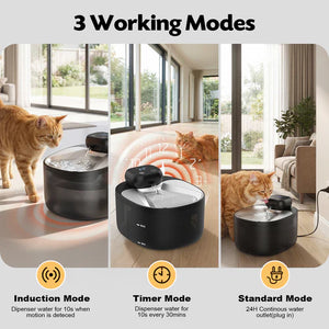 Pet water fountain with three working modes shown in a living room setting at Pet Servo