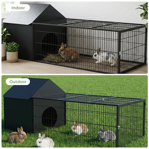 Two images of a rabbit cage, one indoor and one outdoor, with rabbits inside at Pet Servo