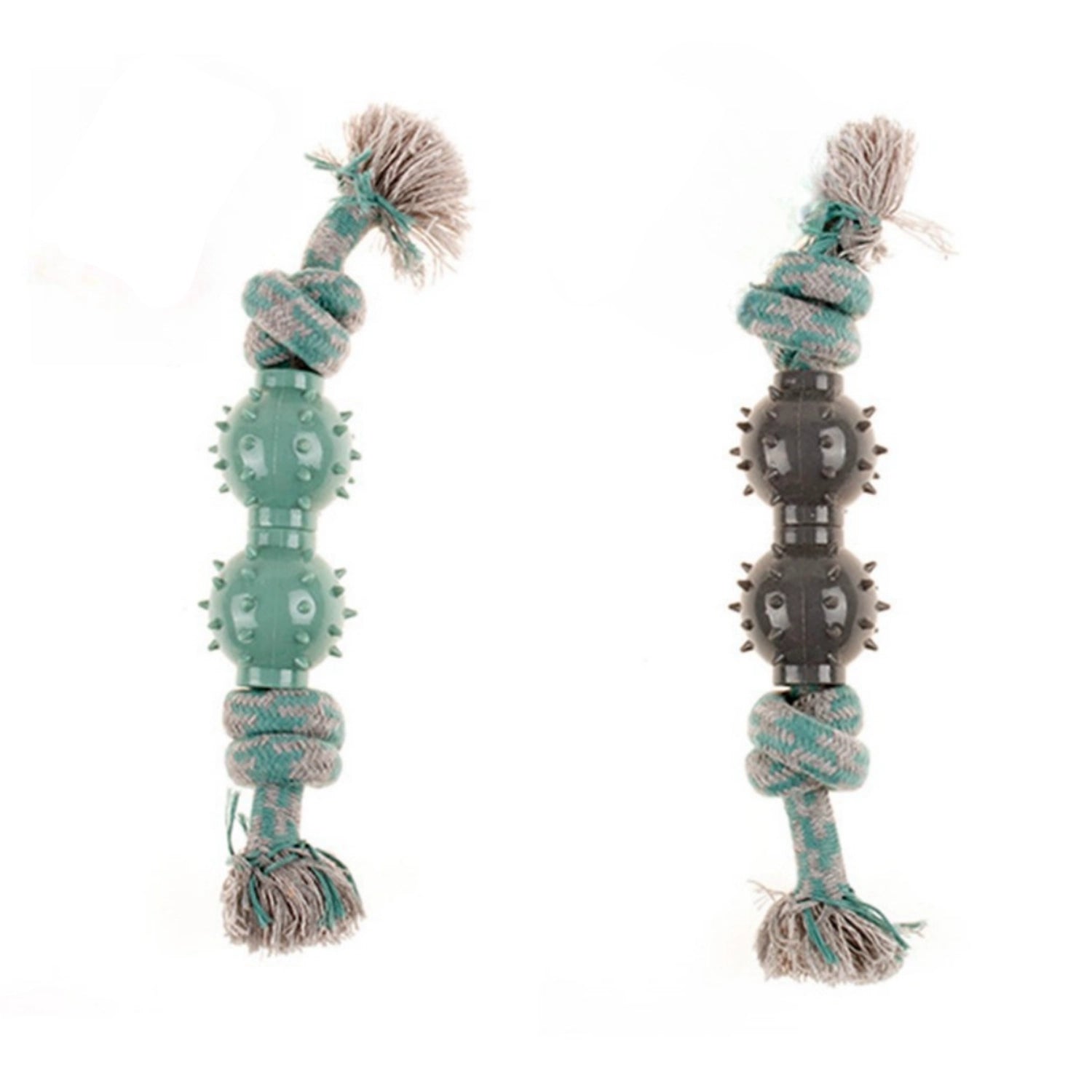 Two dog chew toys on a white background, one mint green and one dark gray, both featuring knotted rope ends and textured central sections at Pet Servo