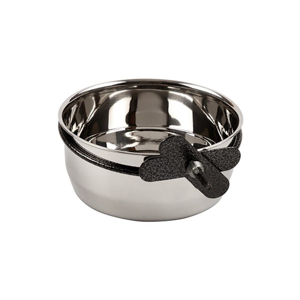 Stainless steel pet bowl with black rubber base on a white background at Pet Servo